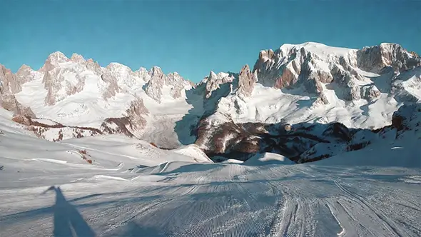 Ski slopes in Arabba with the Marmolada glacier in the background.