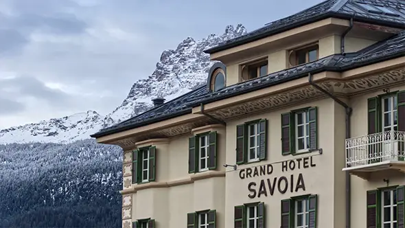 The elegant exterior of Grand Hotel Savoia in Cortina.