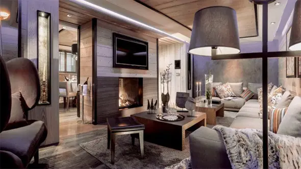 Elegant living room of Grandes Alpes Hotel apartments in Courchevel