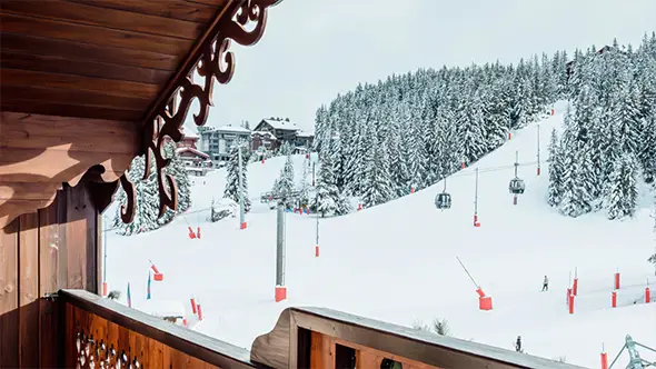 Panoramic view of Courchevel ski slopes and lifts directly from the balcony of Hotel de La Loze.
