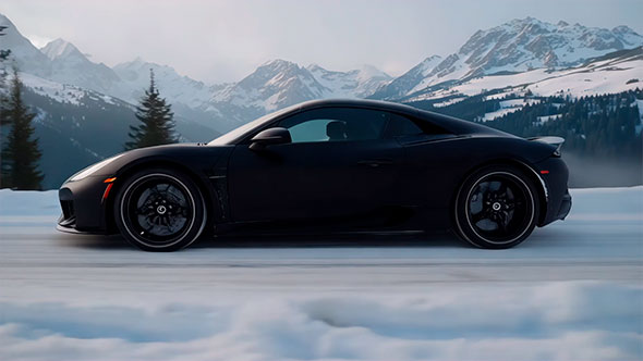 Black Porsche 911 Turbo S on a snowy road in the Alps