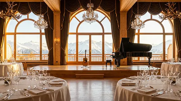 Banquet hall in Courchevel prepared for a gala dinner with live music.