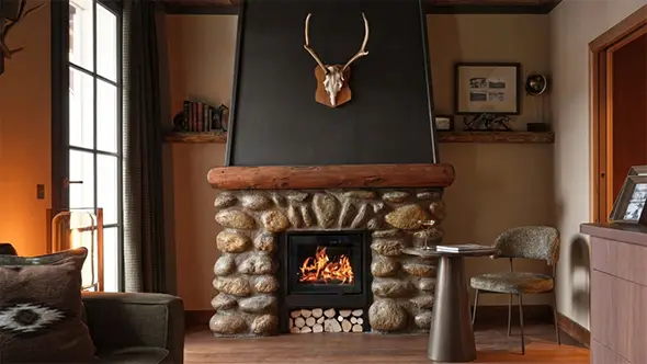 Stone fireplace with deer antlers in a traditional alpine interior.
