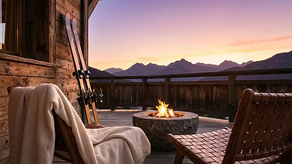 Luxury residence terrace in Meribel with a fire pit and Alpine views during sunset