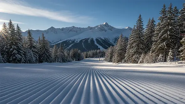 Perfectly groomed ski run in Meribel early in the morning against a backdrop of snowy forests and mountains