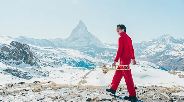 Outdoor musical performance against the backdrop of the Matterhorn mountain during the festival in Zermatt.