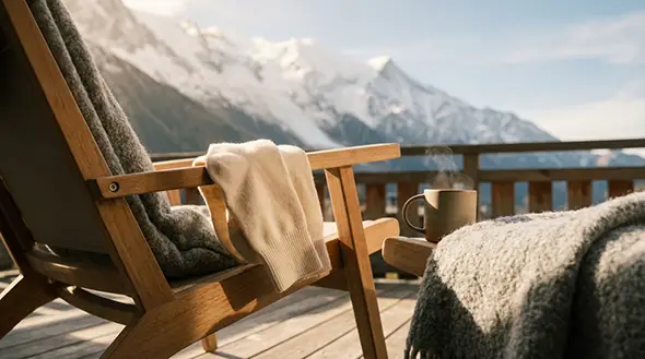 Hot drink and warm blanket on a terrace with a mountain view
