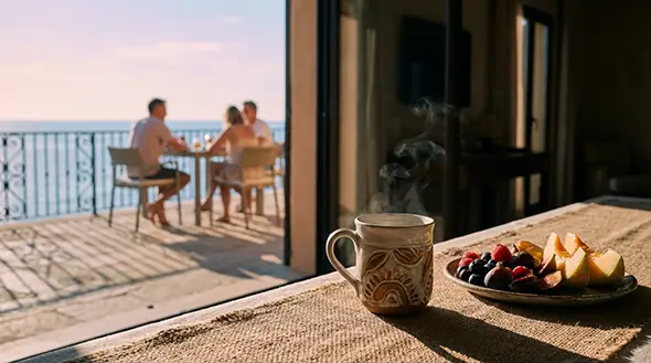 Breakfast with fruits and coffee on a terrace with a sea view and relaxing people.