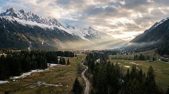Picturesque Chamonix valley in spring against high mountains