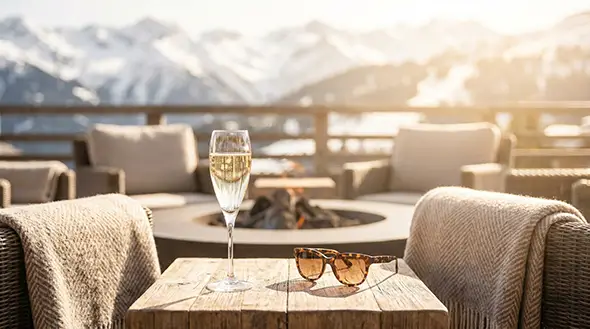 A glass of champagne on a table with snow mountains.