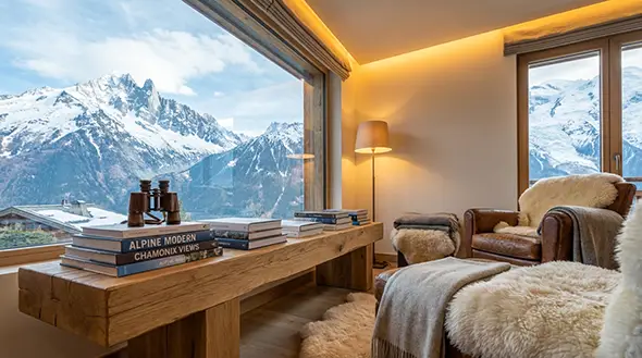 Cozy lounge area with books and armchairs by the window facing the Alps