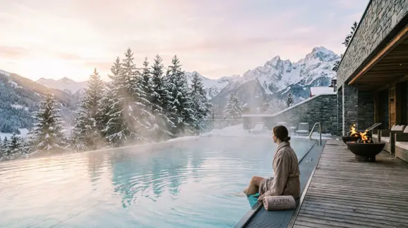 Woman by a warm outdoor pool in the Alps.