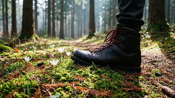 Hiker boot stepping on green moss and spring flowers in the forest