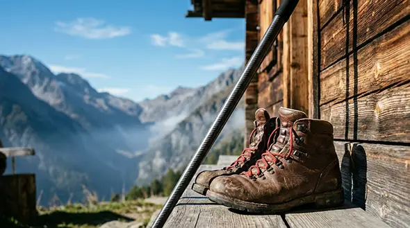 Hiking boots and a stick on a wooden porch against a mountain backdrop.