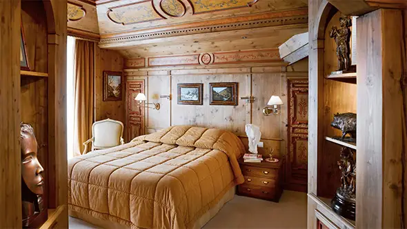 Alpine-style hotel room decorated with natural wood.