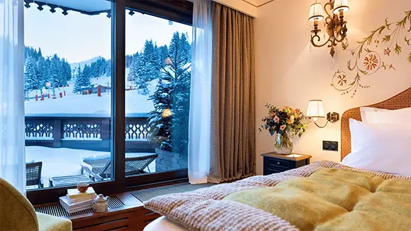 View of the snow-capped slopes from the hotel room.