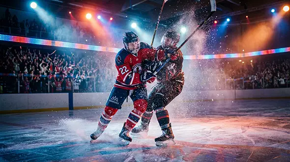 Dynamic moment of an ice hockey match in the arena