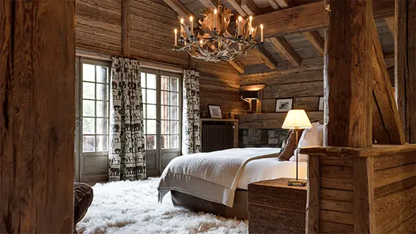 Bedroom in a new Val dIsere chalet.