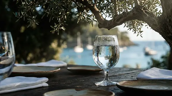 Set table under an olive tree with a sea view.