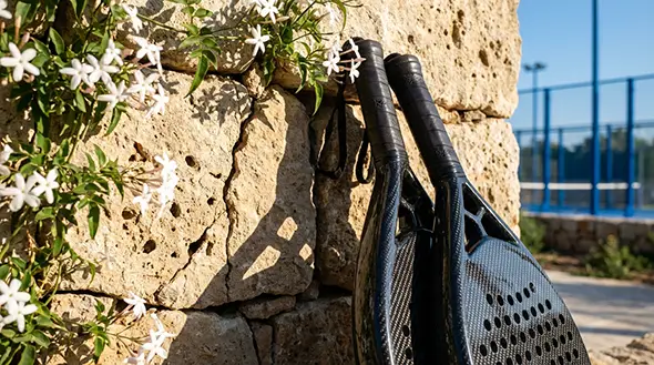 Padel rackets leaning against a wall near the court.