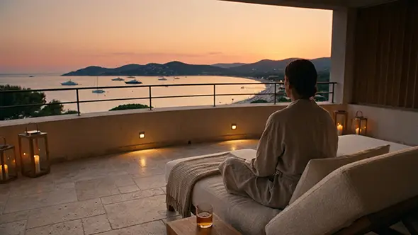 Relaxing on a spacious suite terrace at sunset.