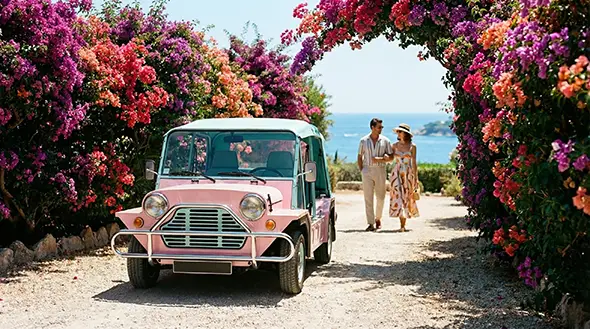 Pink vintage car and a couple in a blooming garden.