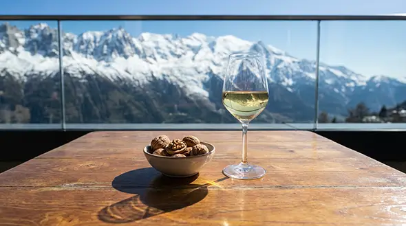 Glass of white wine and nuts on a sunlit mountain terrace