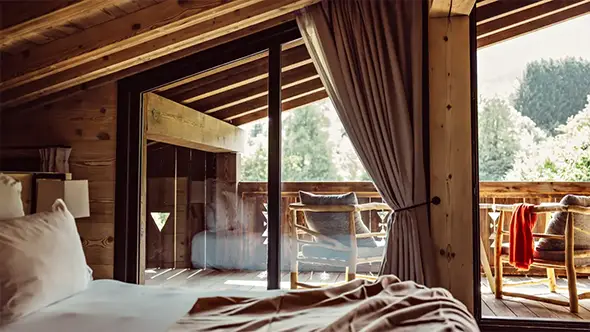 Mountain view from Alpaga hotel in Megeve during summer.