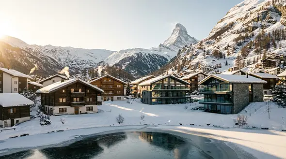 Cozy alpine village during winter in the Swiss mountains.
