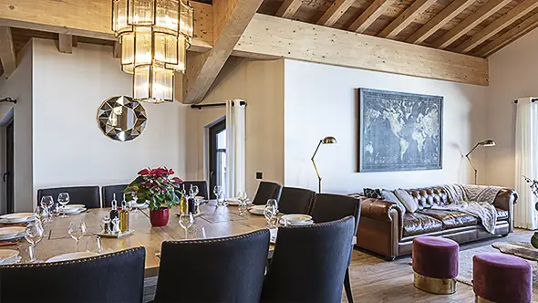 Spacious dining area with a large table.