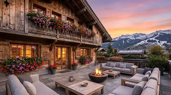 Cozy chalet terrace with soft sofas and a fire pit at sunset.