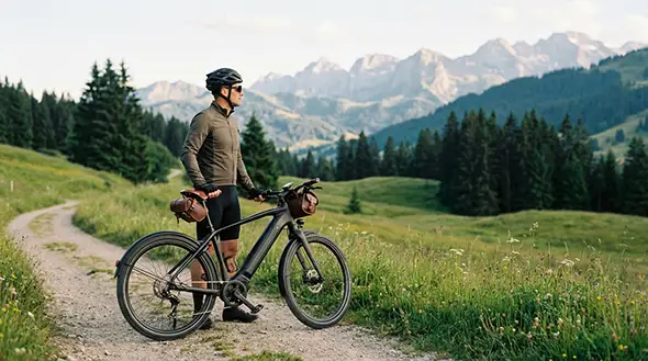 A cyclist with an e-bike on a mountain trail among a coniferous forest.