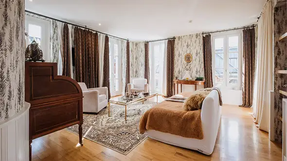 Cozy room at Soleil d Or hotel in central Megeve.