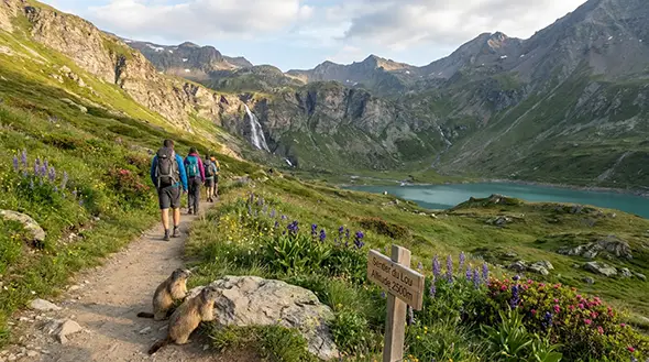 Hikers at a mountain lake and marmots.