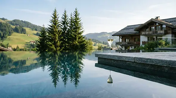 Clear pool water reflecting fir trees and an alpine chalet.