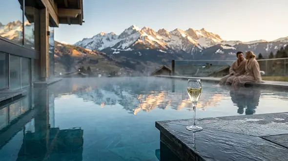 Infinity pool with mountain reflection and a glass of champagne in the foreground.