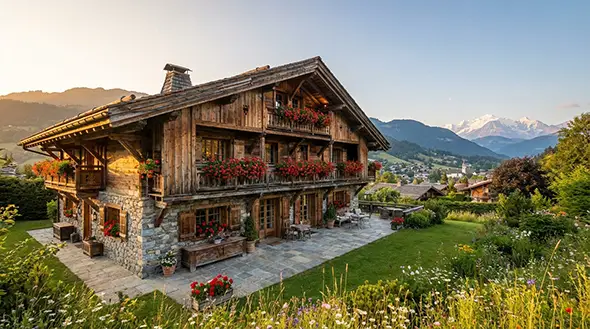Traditional wooden chalet with abundant flowers on balconies and a valley view.