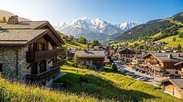 Summer hotel terrace with Alpine views in Megeve.