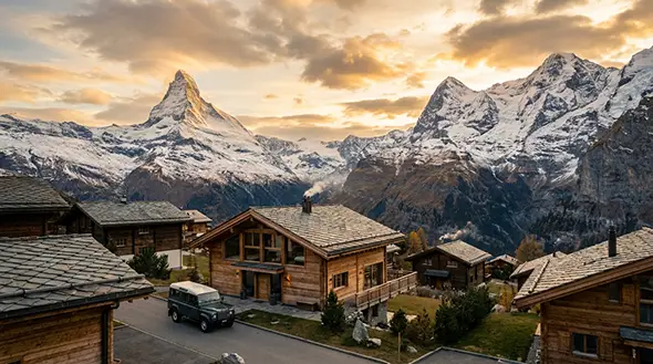 Golden sunset over the snow-covered Swiss Alps.