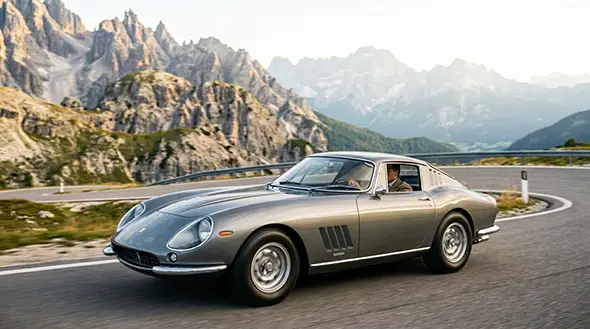 Classic Ferrari 275 GTB driving on a mountain pass in the Dolomites.