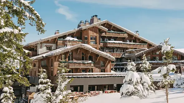 Exterior of the five-star Fouquet&rsquo;s Courchevel hotel in winter.