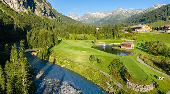 View of the scenic golf course by the river in Lech.