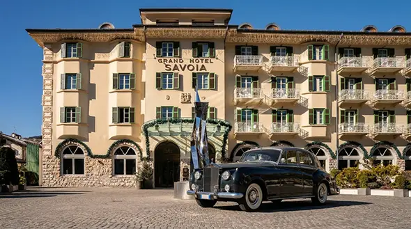 Vintage car parked outside the Grand Hotel Savoia in Cortina.