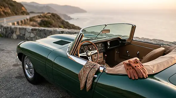 Green Jaguar E-Type with leather driving gloves on a scenic route.
