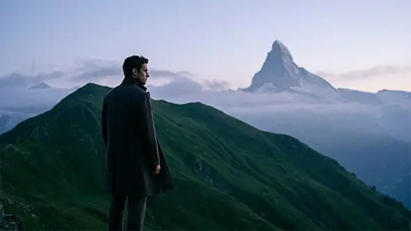 Man looking at the Matterhorn peak in Thyon, Switzerland.