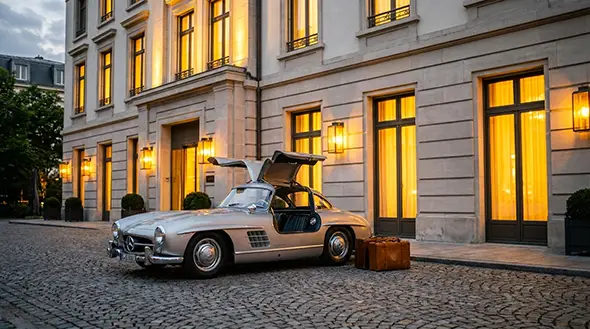 Silver Mercedes 300 SL Gullwing parked outside a luxury hotel.