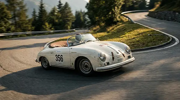 Porsche 356 racing on a mountain switchback in the Dolomites.