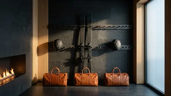 Luxury ski room with equipment and leather bags.