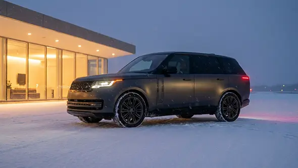 Luxury SUV parked in the snow near a building.
