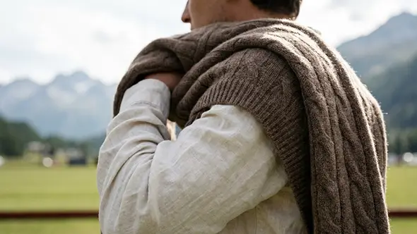 Man wearing a cashmere sweater over his shoulders in the mountains.